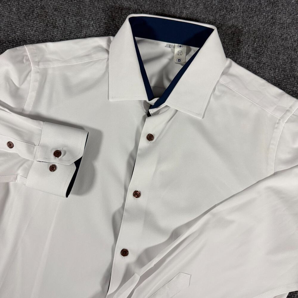 State & Liberty Springer Dress Shirt L White Navy Athletic Performance Stretch